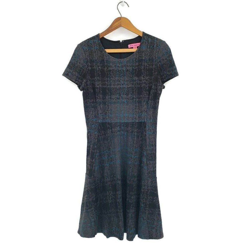 Betsey Johnson Dress Womens 6 Grey Black Blue Cap Sleeves